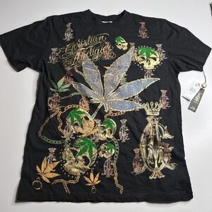 Christian Audigier Shirt Mens 2XL Black Skull Cannabis Rhinestone Tee Streetwear
